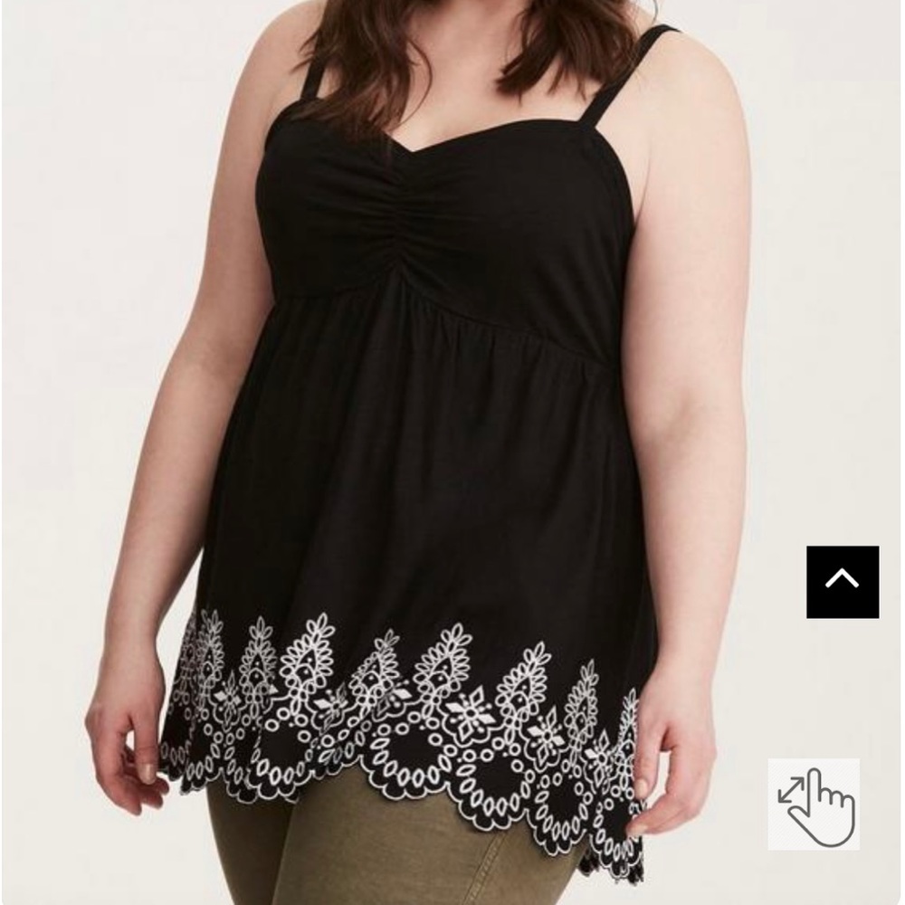 Torrid Babydoll Knit Eyelet Embroidery Hem Cinched Front Top Black - Picture 3 of 7